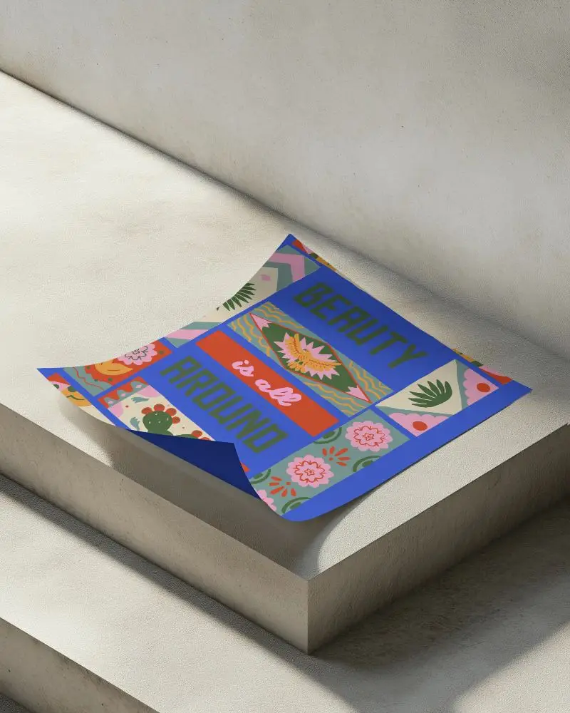 Curled Paper Poster Mockup On Light Beige Stone Steps With Soft Shadows Modern Minimal Architecture Setting Organic Bend And Realistic Lighting