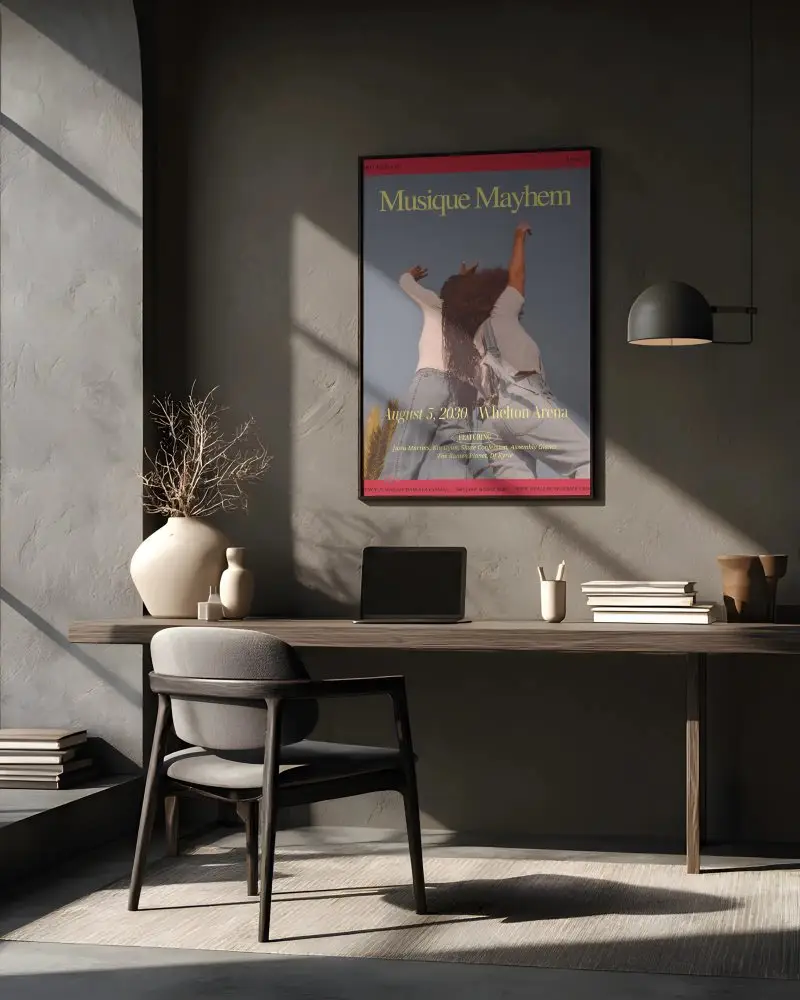 Realistic Poster Mockup In Contemporary Office Environment With Wooden Desk And Chair