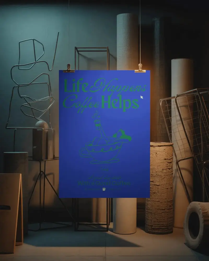 Hanging Poster Mockup With Abstract Sculptural Elements And Industrial Style Ambient Lighting 093