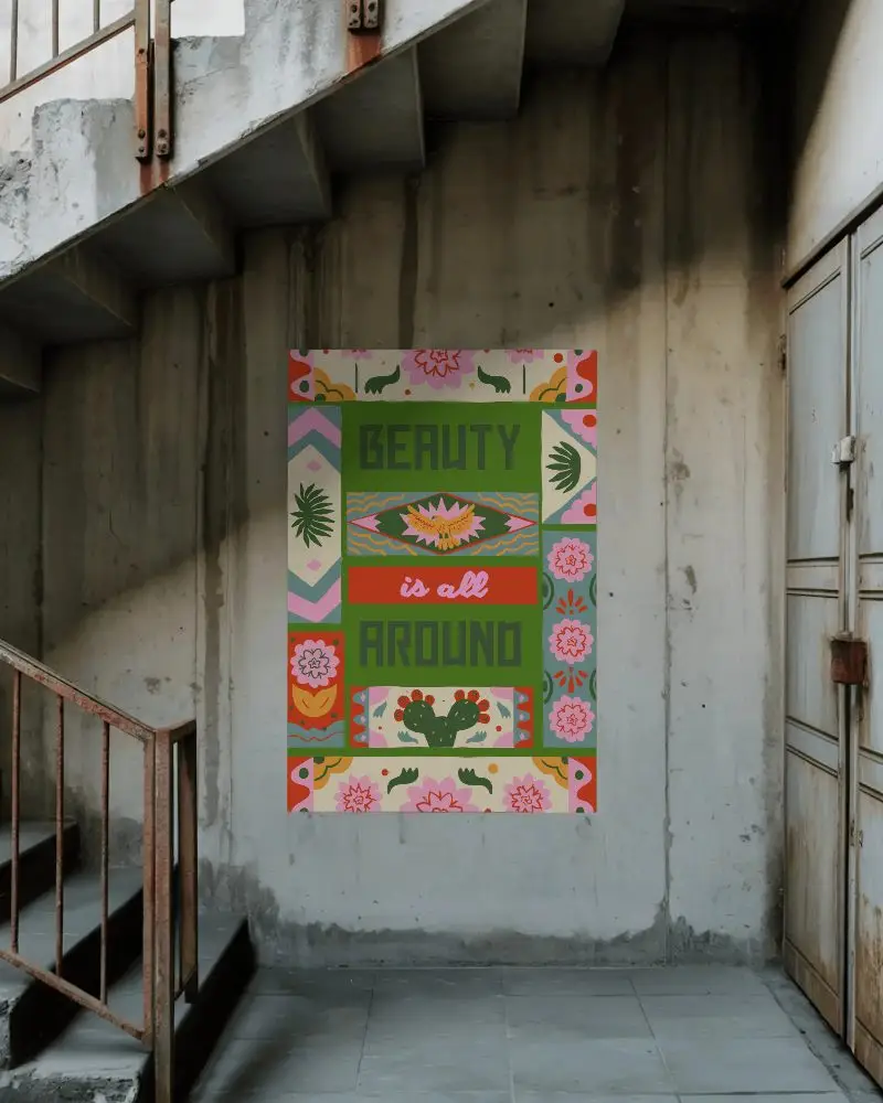 Abandoned Industrial Staircase With Poster Mockup On Worn Concrete Wall Interior Scene