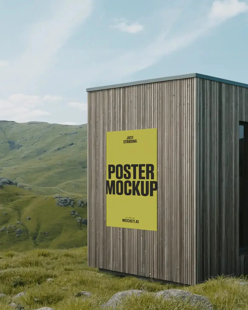 Vertical Minimalist Poster Mockup Attached To Wood Paneled Structure In Grassy Field