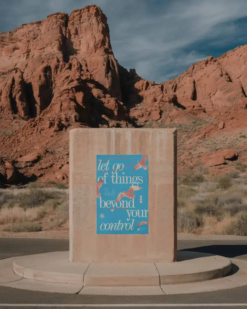 Outdoor Stone Poster Mockup With Desert Rocky Background And Clear Sky Nature Theme