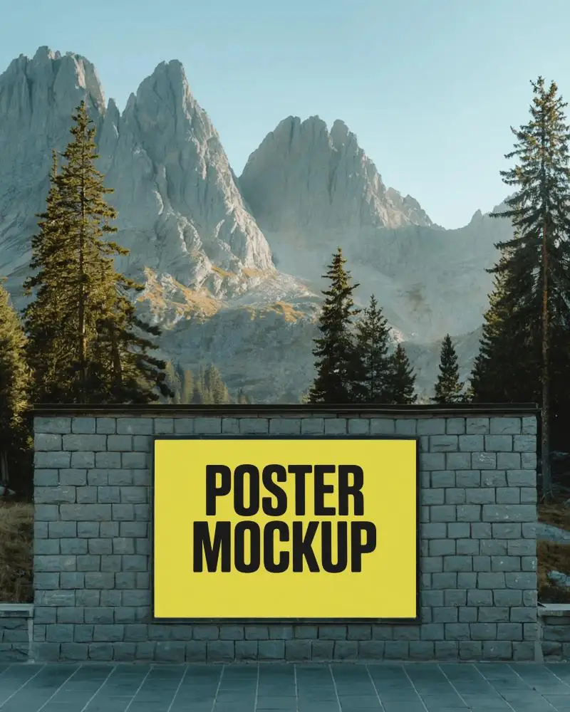 Outdoor Stone Wall Poster Mockup With Mountain Background And Tall Pine Trees