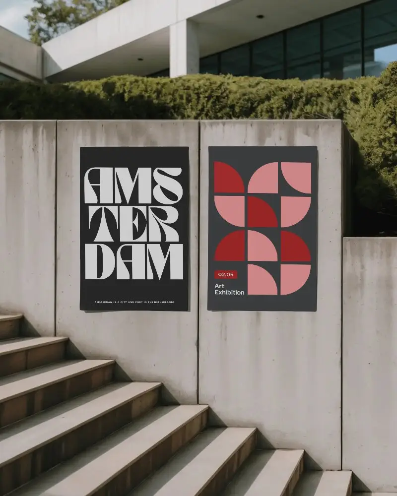 Modern Minimalist Poster Mockup On Concrete Wall Near Outdoor Urban Stairs Display