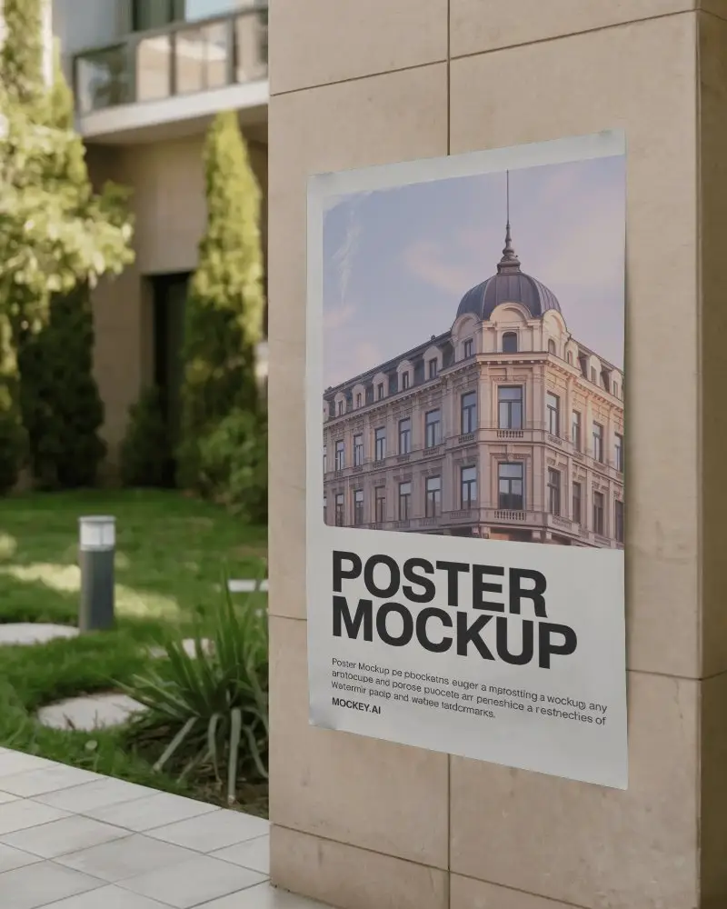 Outdoor Poster Mockup On Textured Wall With Greenery Background For Advertising