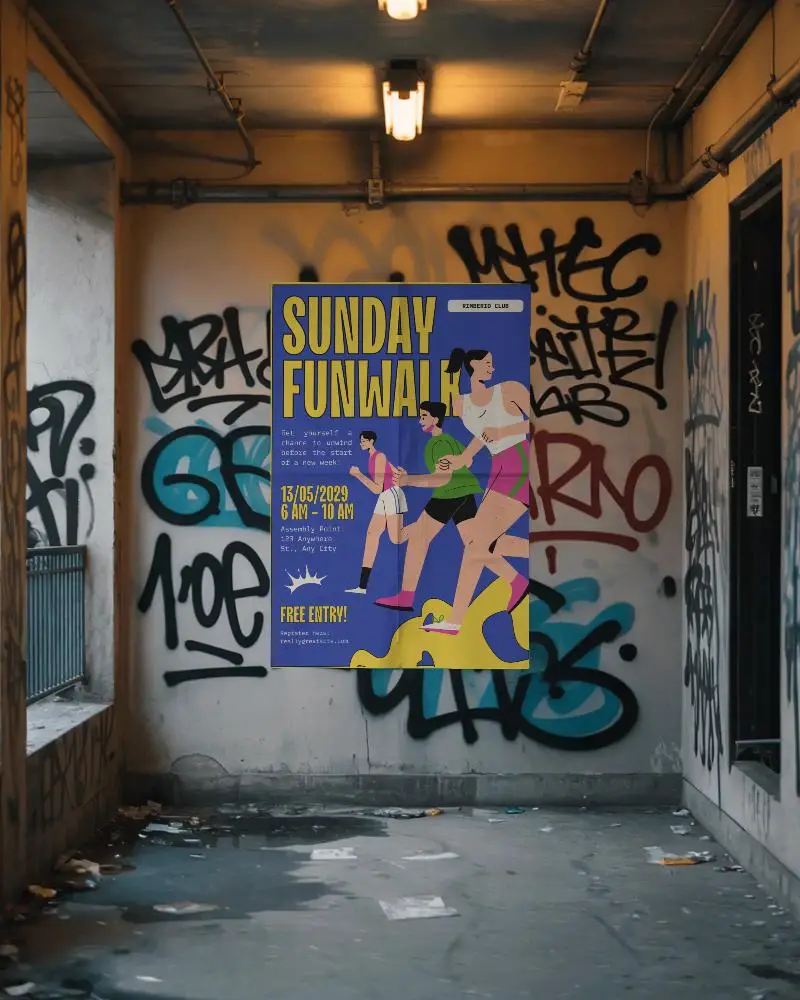 Urban Art Wall Poster Mockup In Grungy Industrial Hallway With Graffiti Background