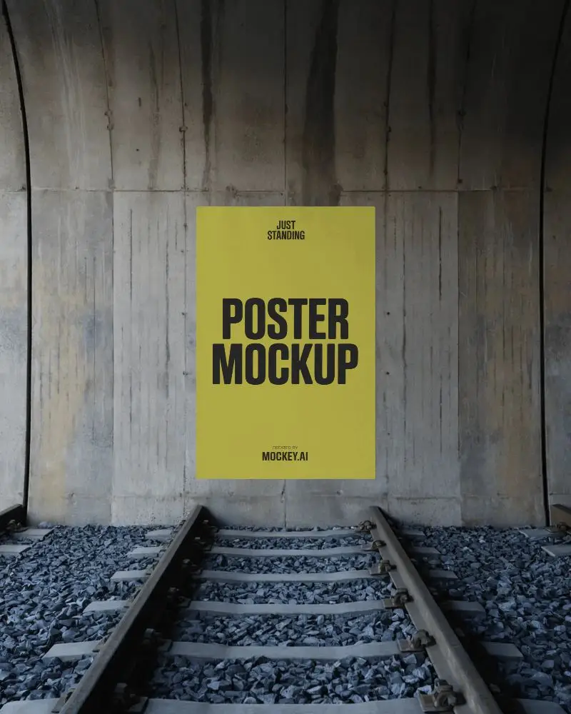 Industrial Urban Railway Track Poster Mockup Concrete Wall Background Design Template