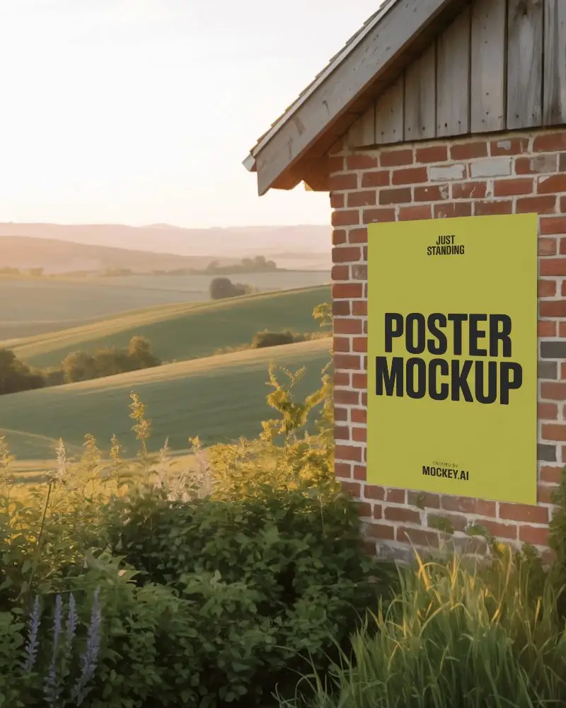 Countryside Brick Building With Poster Mockup Surrounded By Plants And Wildflowers
