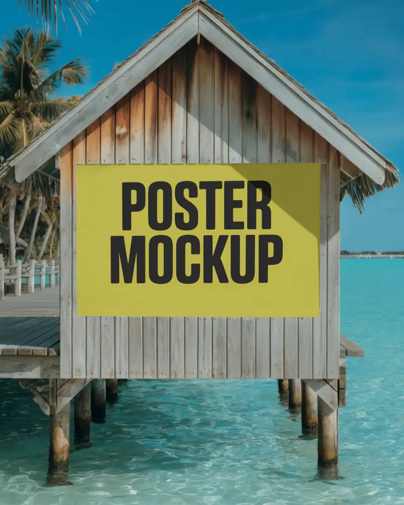 Tropical Waterfront Travel Resort Poster Mockup For Vacation Advertisement Design