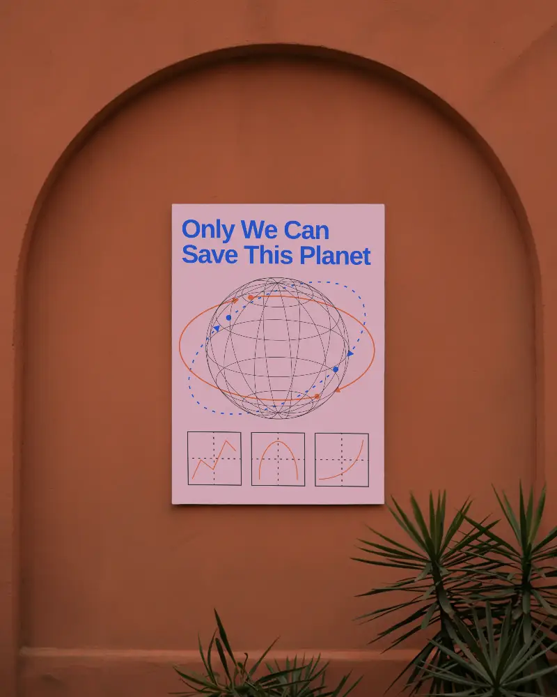 Minimalistic Vertical Poster Mockup On Arched Wall With Tropical Plants For Interior Design