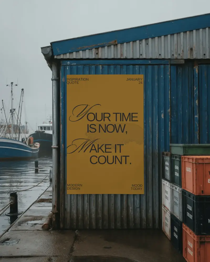 Outdoor Industrial Wall Poster Mockup At Harbor With Boats And Stacked Containers
