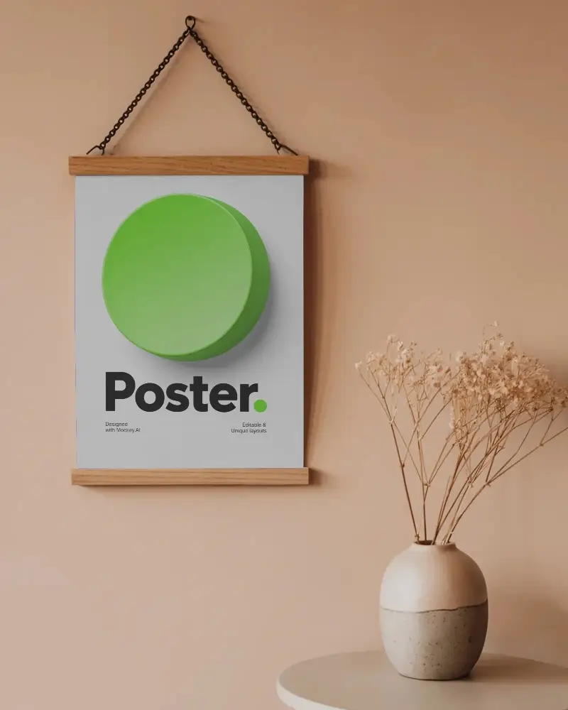 Minimalist Hanging Poster Mockup With Wooden Frames And Dried Flowers In Vase On Table