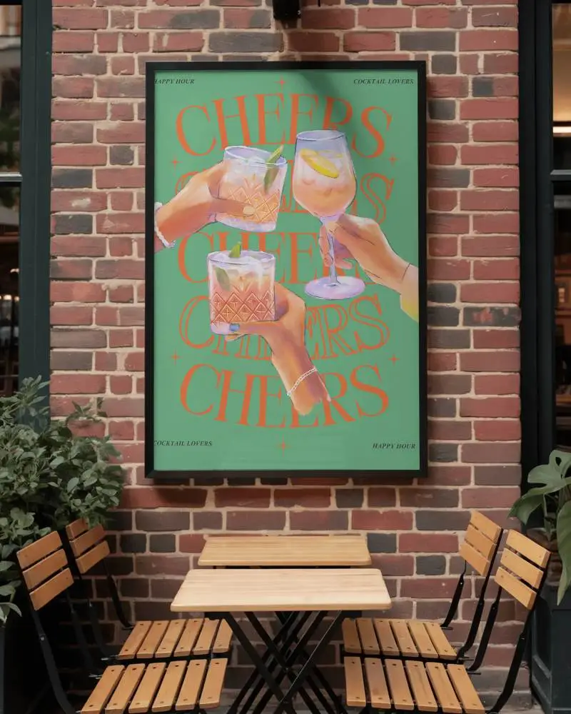 Urban Outdoor Cafe Poster Mockup With Frame And Brick Wall Background
