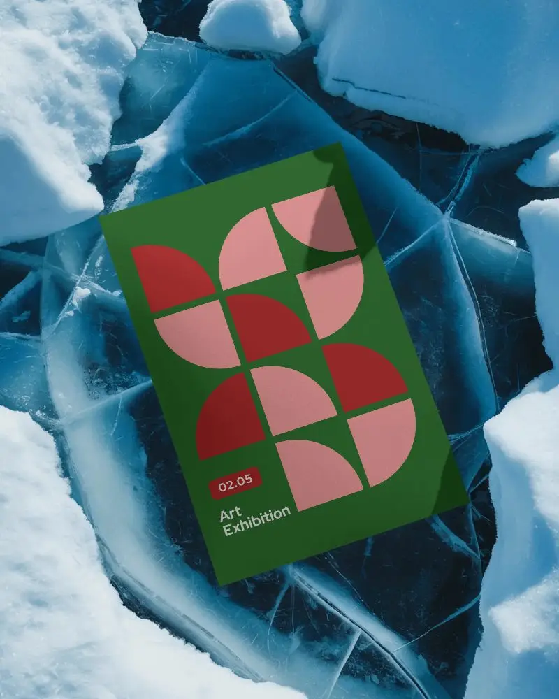 High Resolution Poster Mockup Floating On Ice Sheet And Snowy Surroundings