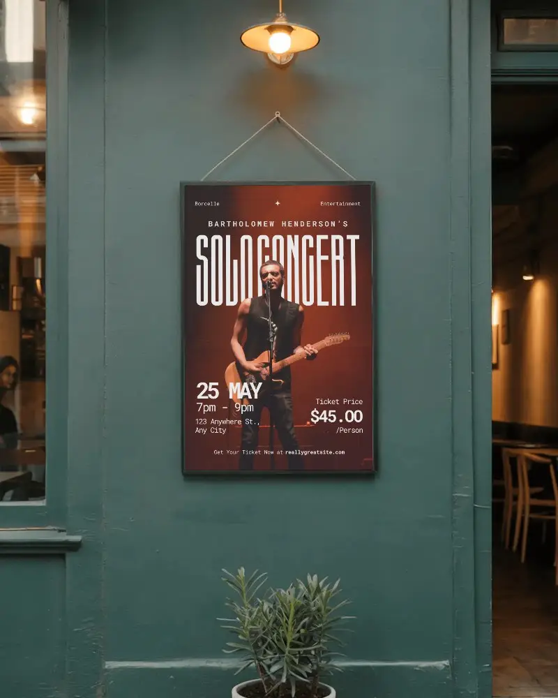 Restaurant Exterior Poster Mockup Hanging On Wall With Ambient Lighting Outdoor Setting