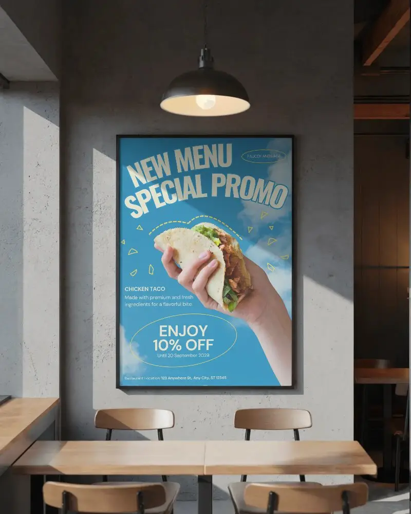Modern Cafe Interior Wall Poster Mockup Display With Natural Light Shadow