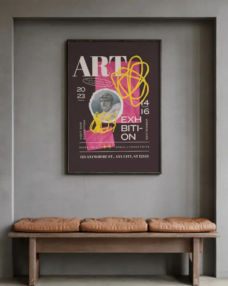 Modern Wall Poster Mockup Display Inset With Simple Wooden Bench And Cushioned Seats