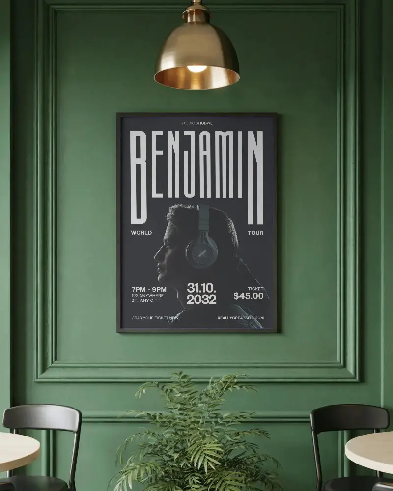 Stylish Indoor Poster Mockup Showcasing On Textured Wall With Metallic Light Fixture