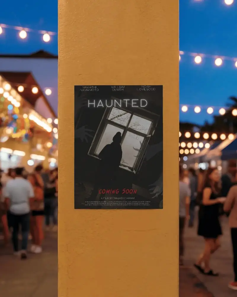 Street Event Poster Mockup Tall Pillar Evening Festival Crowd Blurred Background