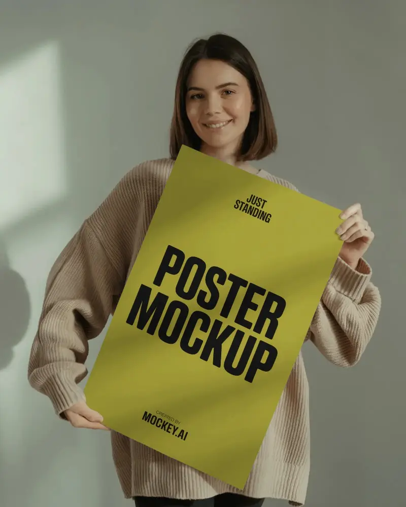 Smiling Woman Showcasing Vertical Poster Design Template In Simple Studio