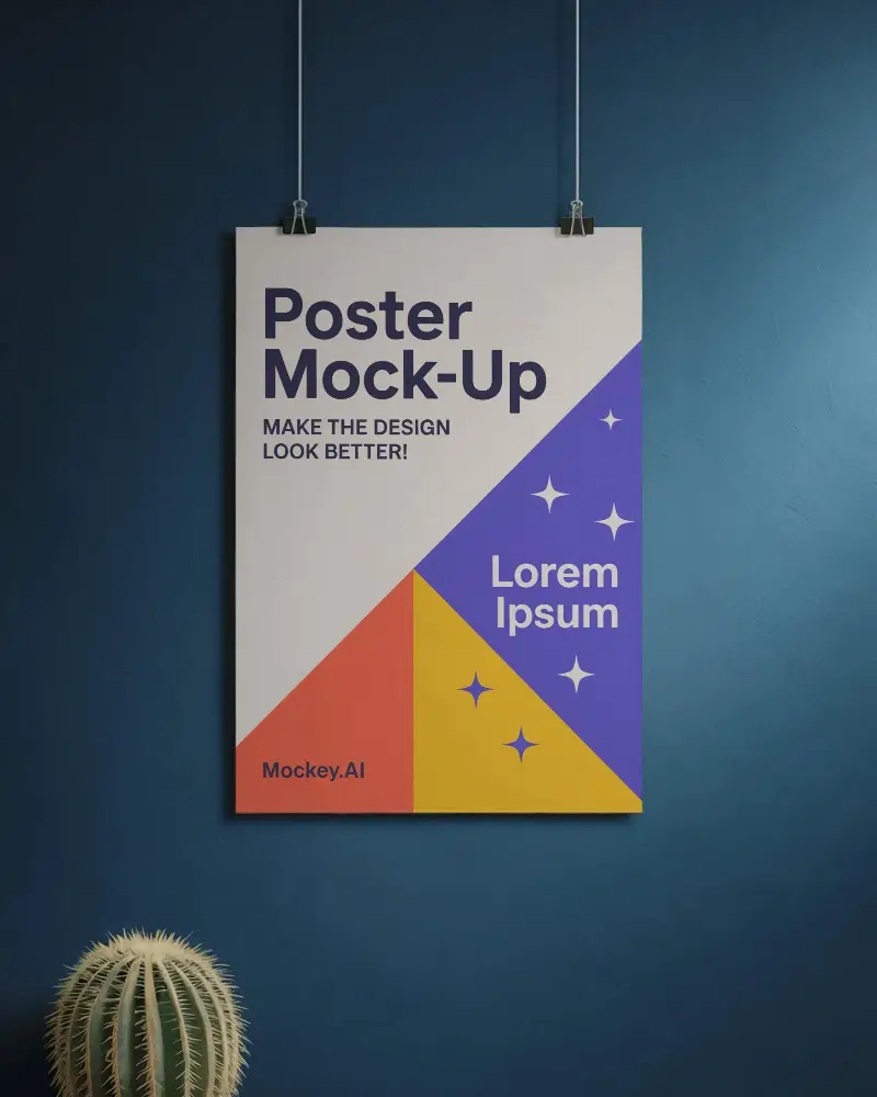 Realistic Poster Mockup Suspended On Wall With Simple Clips Next To Desert Plant Decor