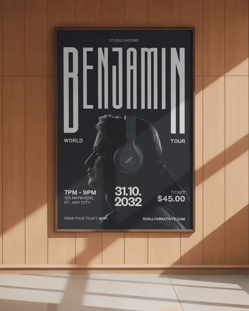 Modern Minimalist Wall Poster Mockup With Natural Light And Wood Panel Background Design