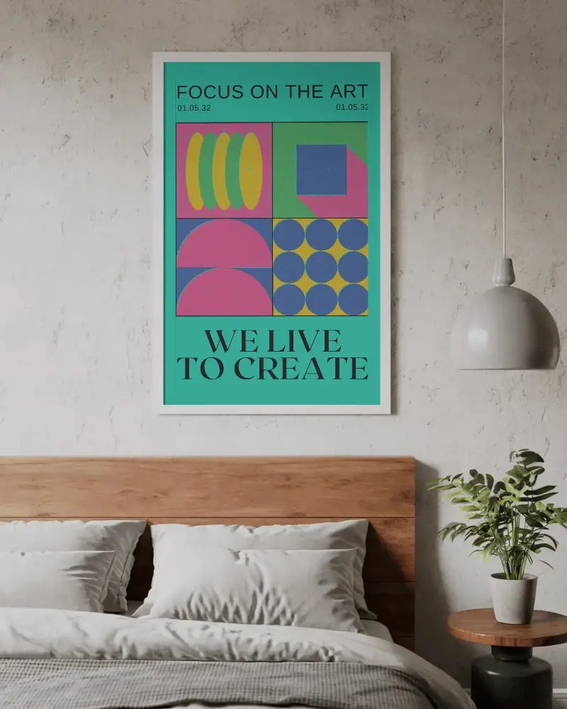 Minimalist Bedroom Poster Mockup With Wood Headboard And Modern Plant Decoration