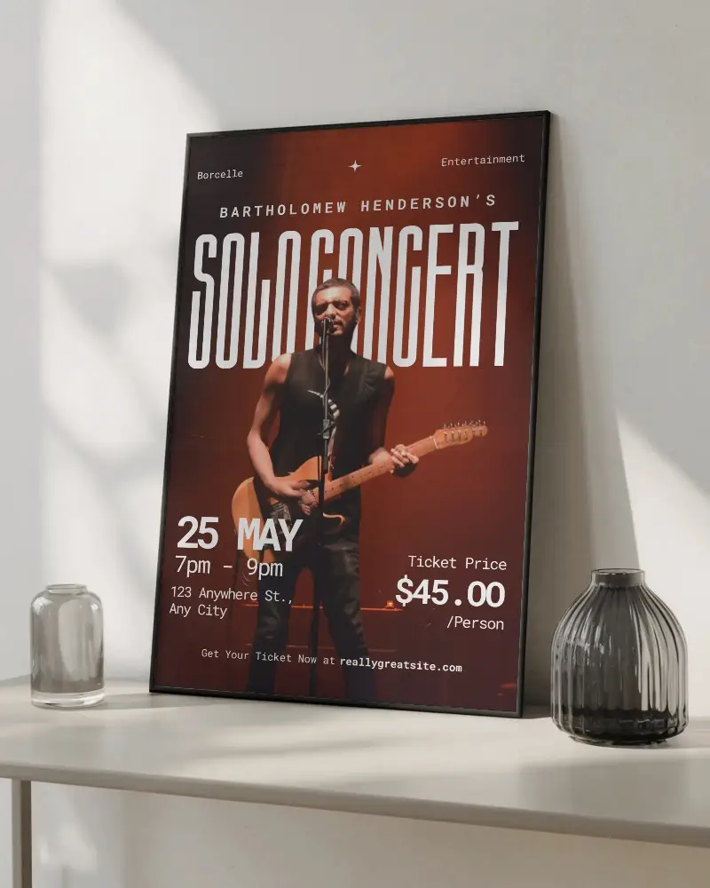 Minimalistic Poster Mockup Leaning On Wall Surrounded By Modern Glass Vases In Bright Room