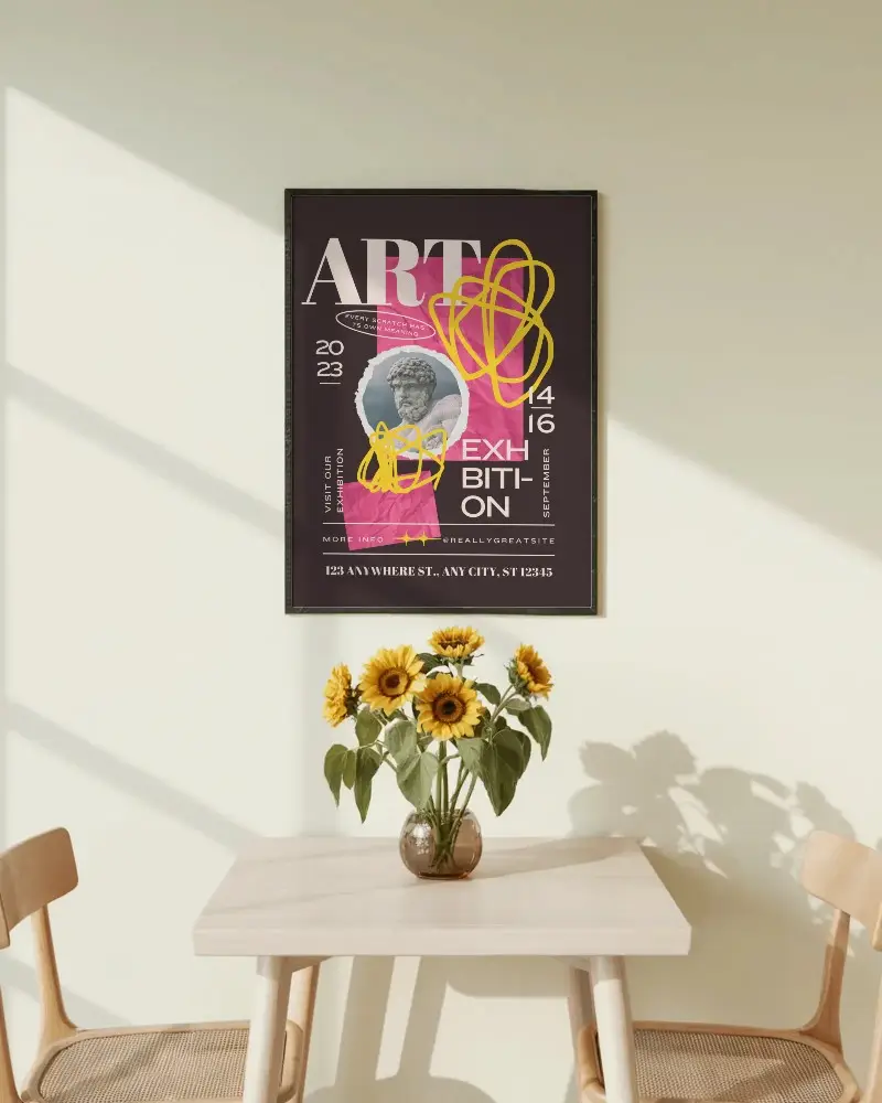 Modern Interior With Wooden Chairs Table Sunflowers And Poster Mockup