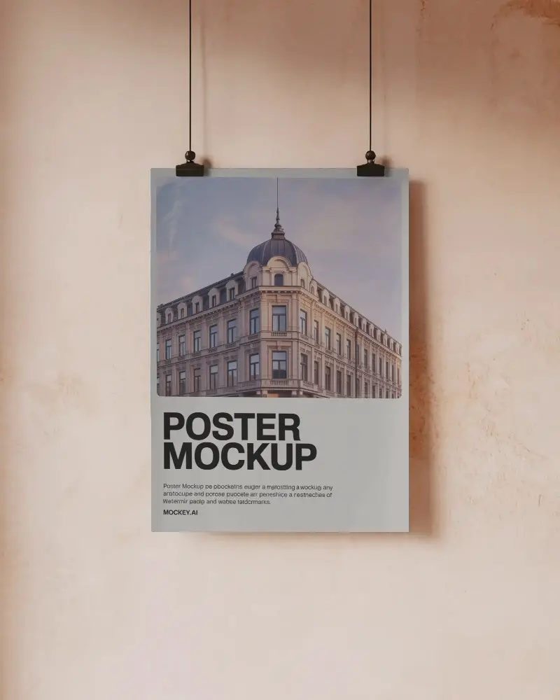 Hanging Poster Mockup With Clips On Rough Wall For Creative Showcase Use