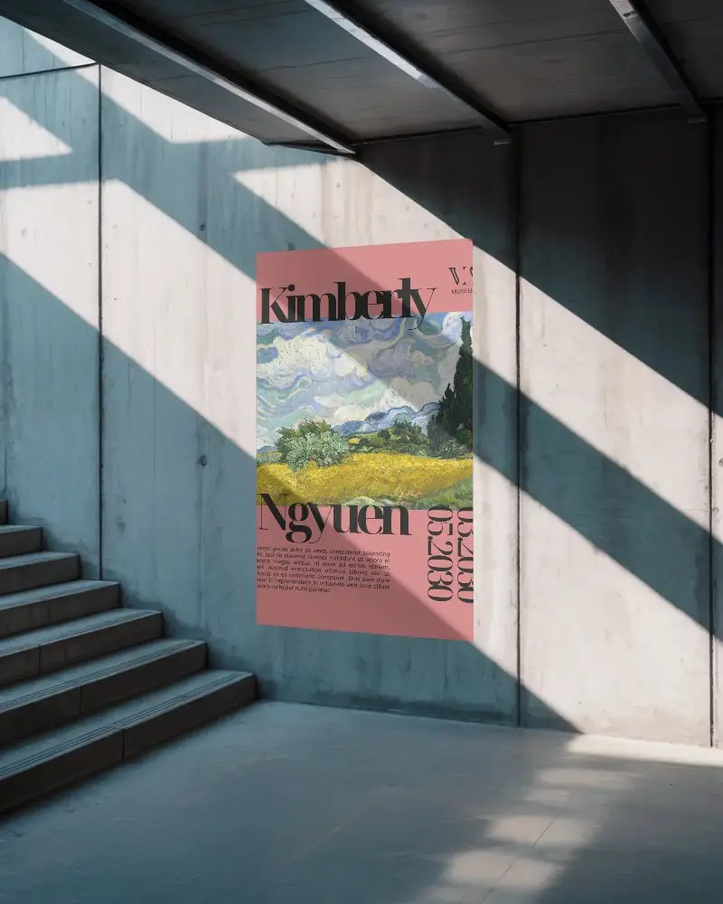 Blank Poster Mockup On Textured Wall With Diagonal Shadows From Staircase Railings