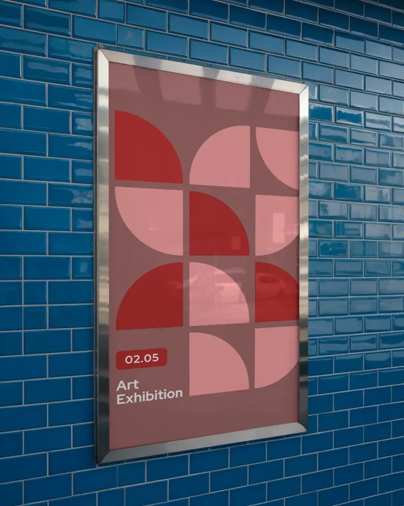 Urban Wall Mounted Poster Mockup With Metallic Frame And Reflective Surface