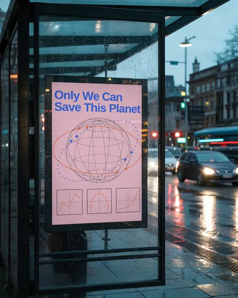 Urban Bus Stop Poster Mockup With Rainy Weather And Cityscape Background