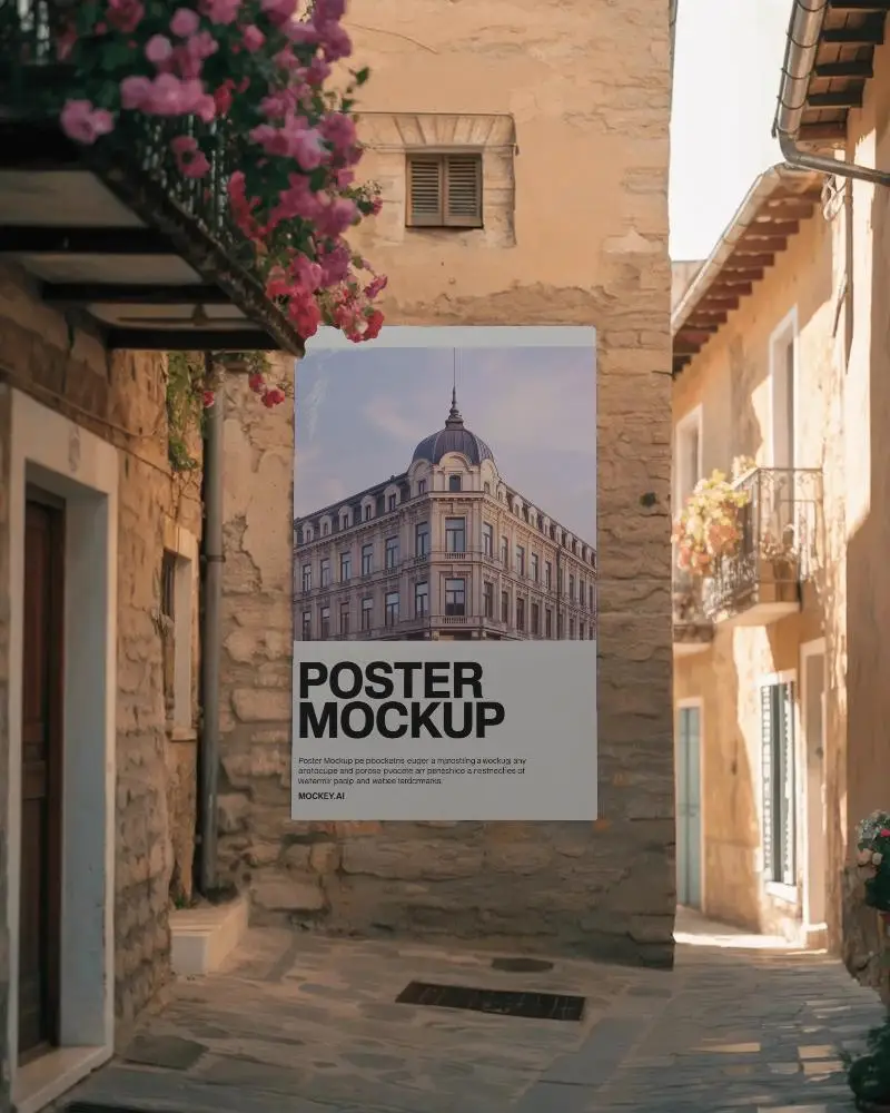 Vintage Stone Wall Poster Mockup In Narrow European Street With Floral Balcony Decor