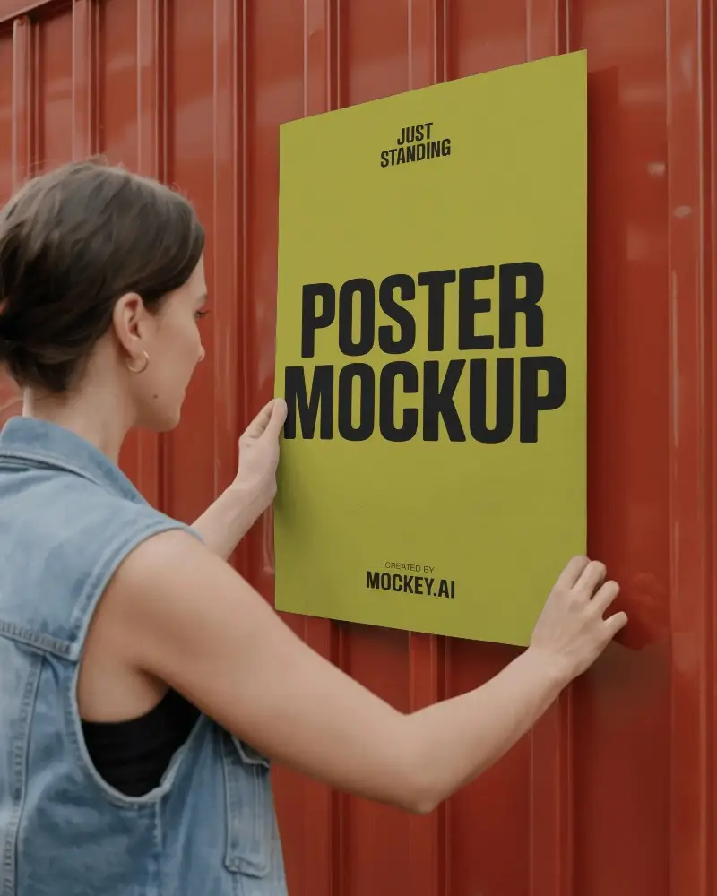 Woman Holding Poster Mockup On Metal Wall Outdoor Advertisement Display Mockup