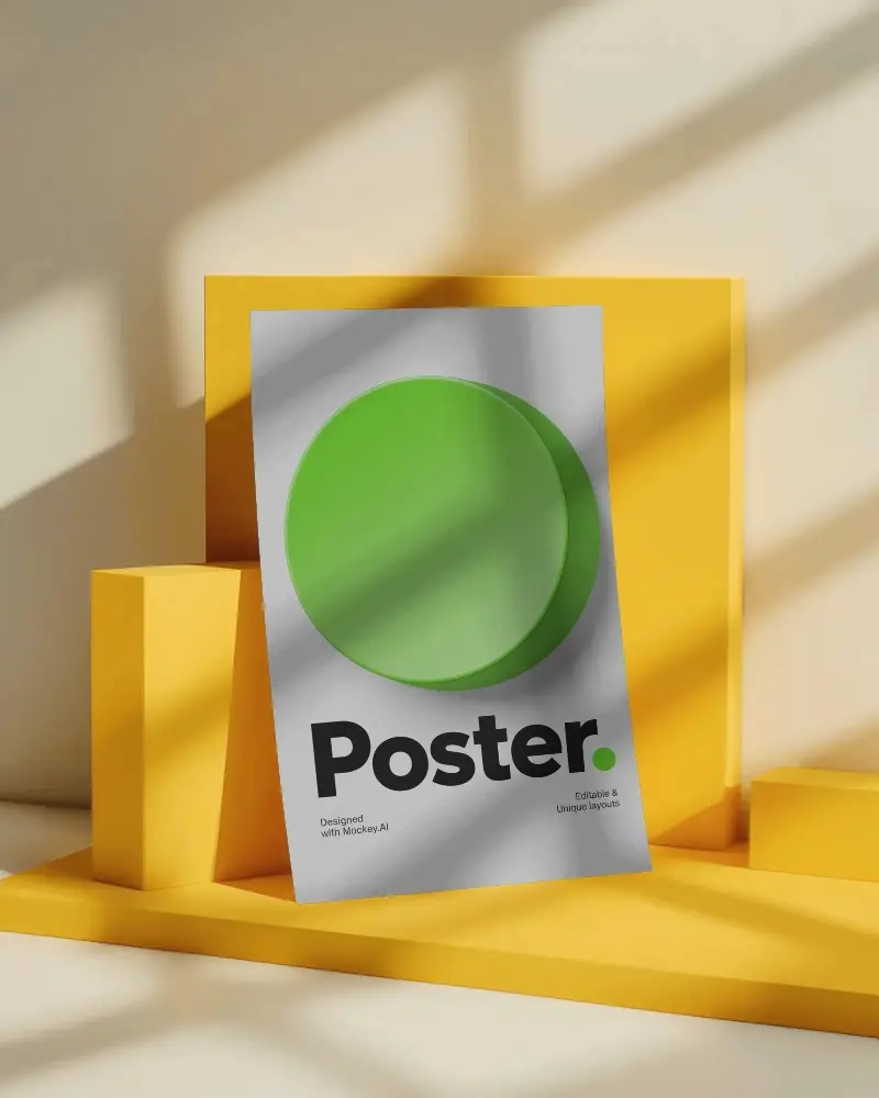 Vertical Poster Mockup On Geometric Platform With Natural Light Shadow Effect