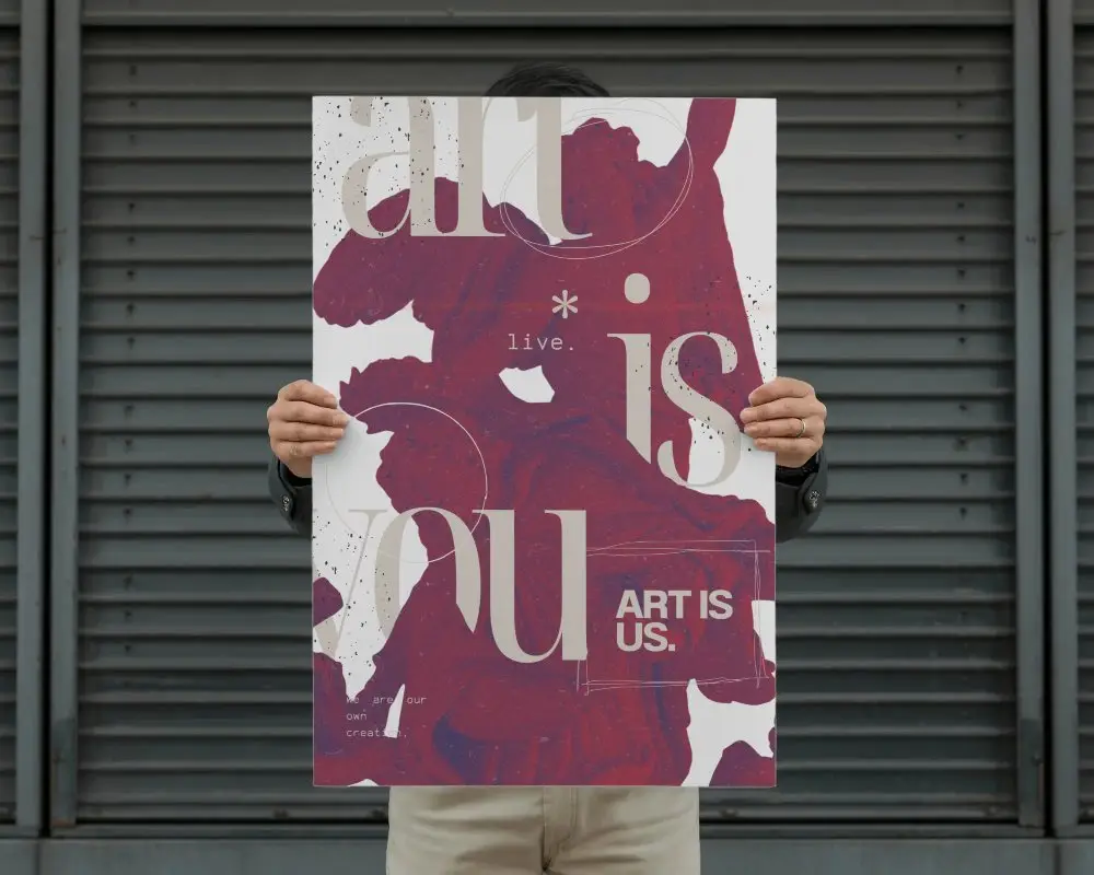 Man Holding Vertical Poster Mockup For Promotional And Marketing Display Background