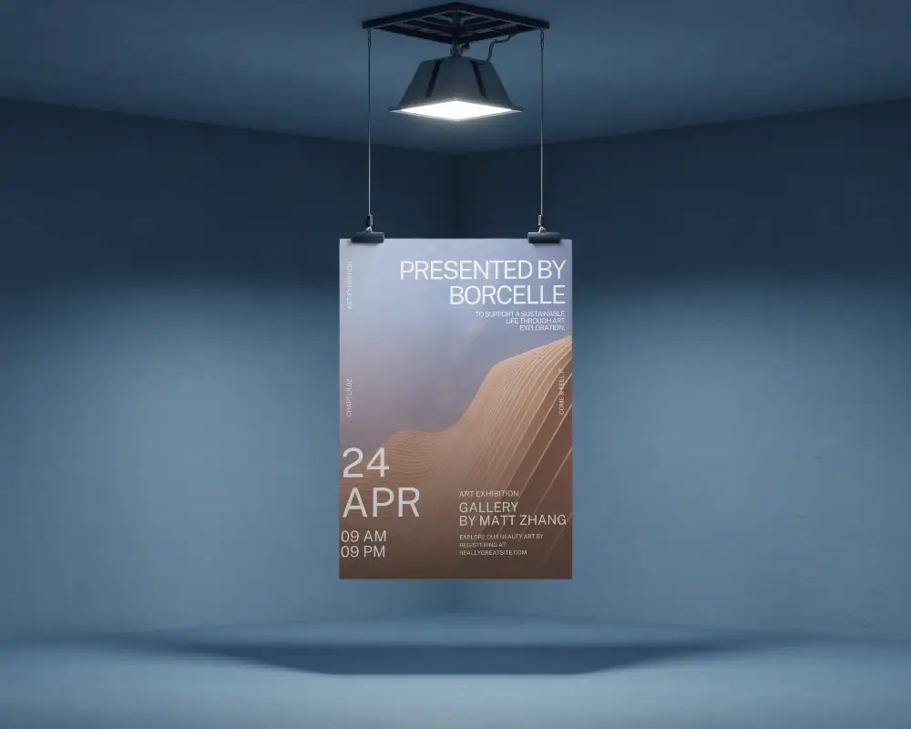Hanging Minimalist Poster Mockup In Modern Room With Ceiling Light Spot