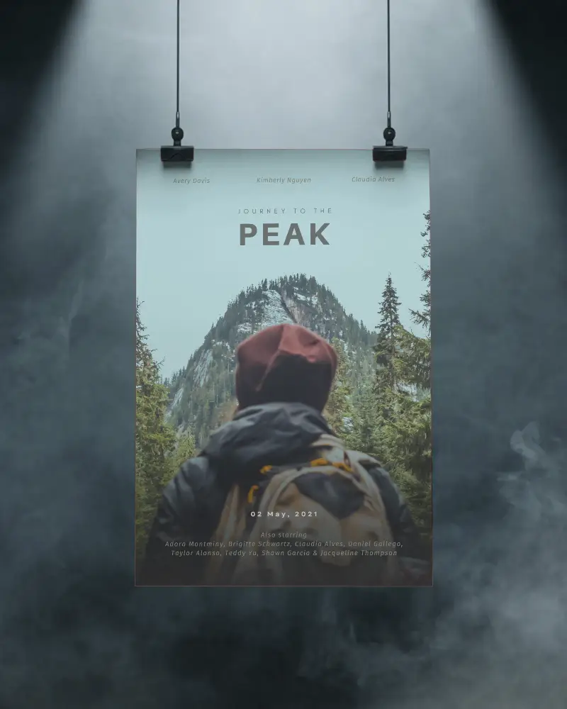 Vertical Poster Mockup On Dark Smoky Background With Hanging Clip Strings