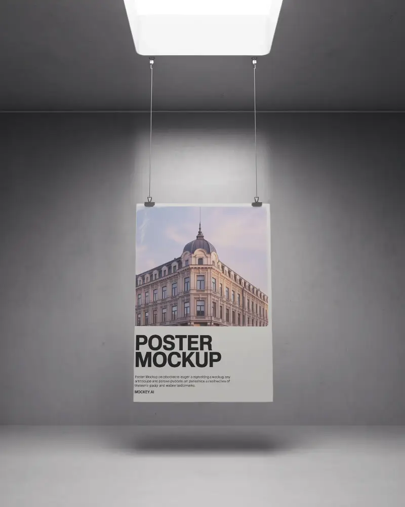 Blank Poster Mockup Hanging From Ceiling With Soft Shadow And Neutral Walls
