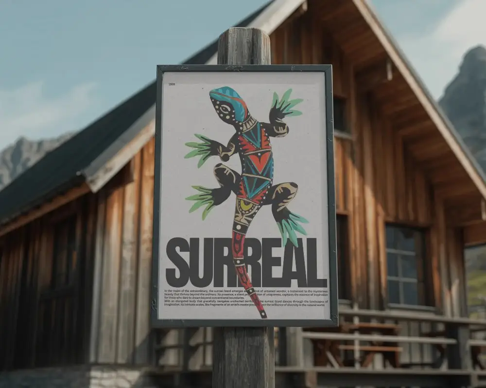 Outdoor Wooden Poster Frame Mockup Rustic Mountain Cabin Background For Advertising