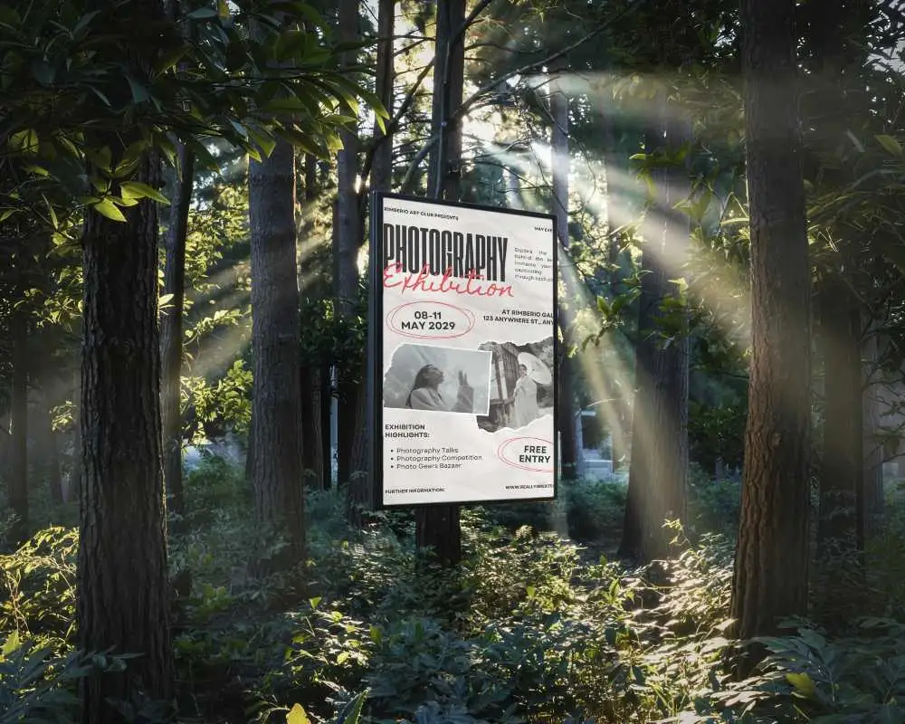 Vertical Poster Mockup In Forest Setting With Sun Rays And Nature Background