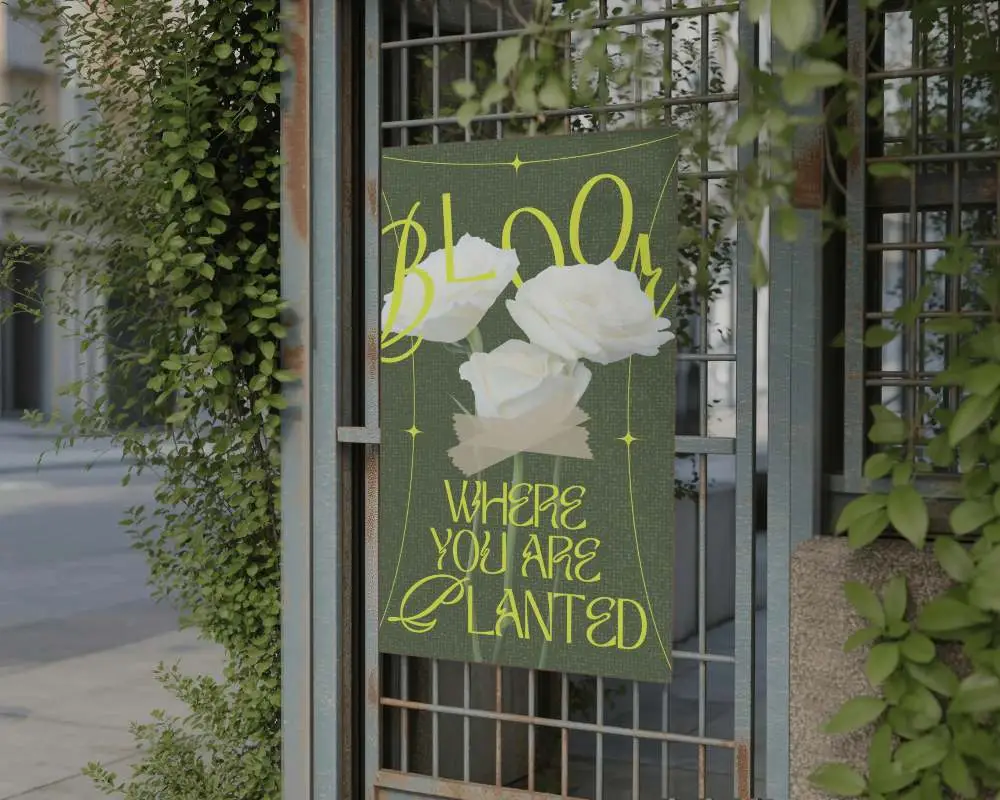 Blank Vertical Poster Mockup On Rustic Metal Fence With Natural Leafy Background