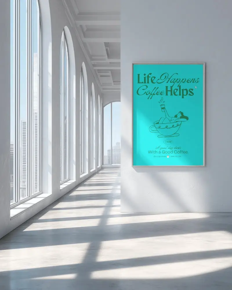Minimalistic Poster Mockup In Modern Gallery With Large Arched Windows And Natural Light