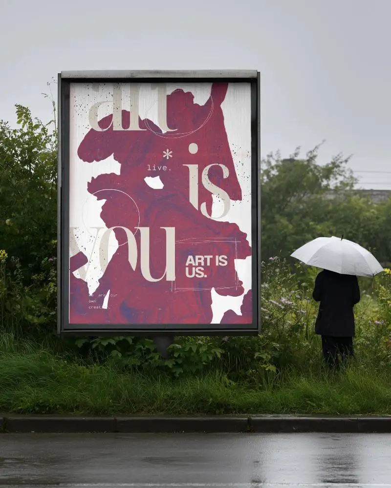 Blank Outdoor Poster Mockup Urban Street Scenery Wet Weather Umbrella Human Figure