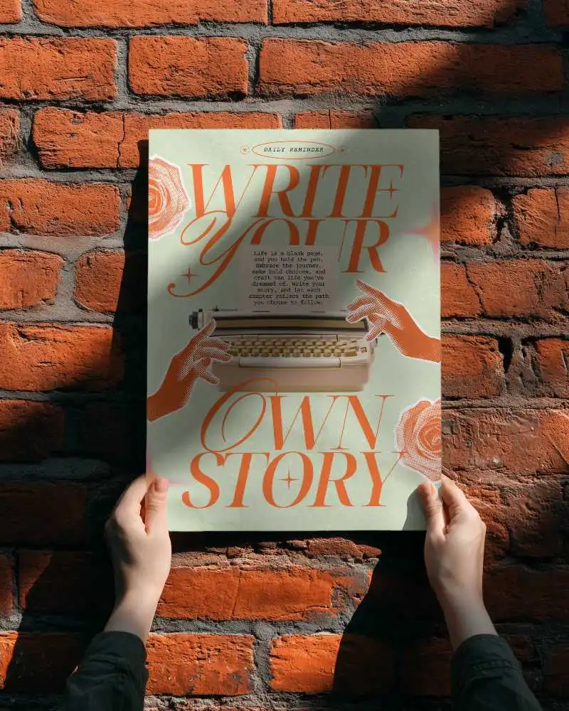 Realistic Vertical Poster Mockup In Personal Hands On Brick Wall Outdoor Scene