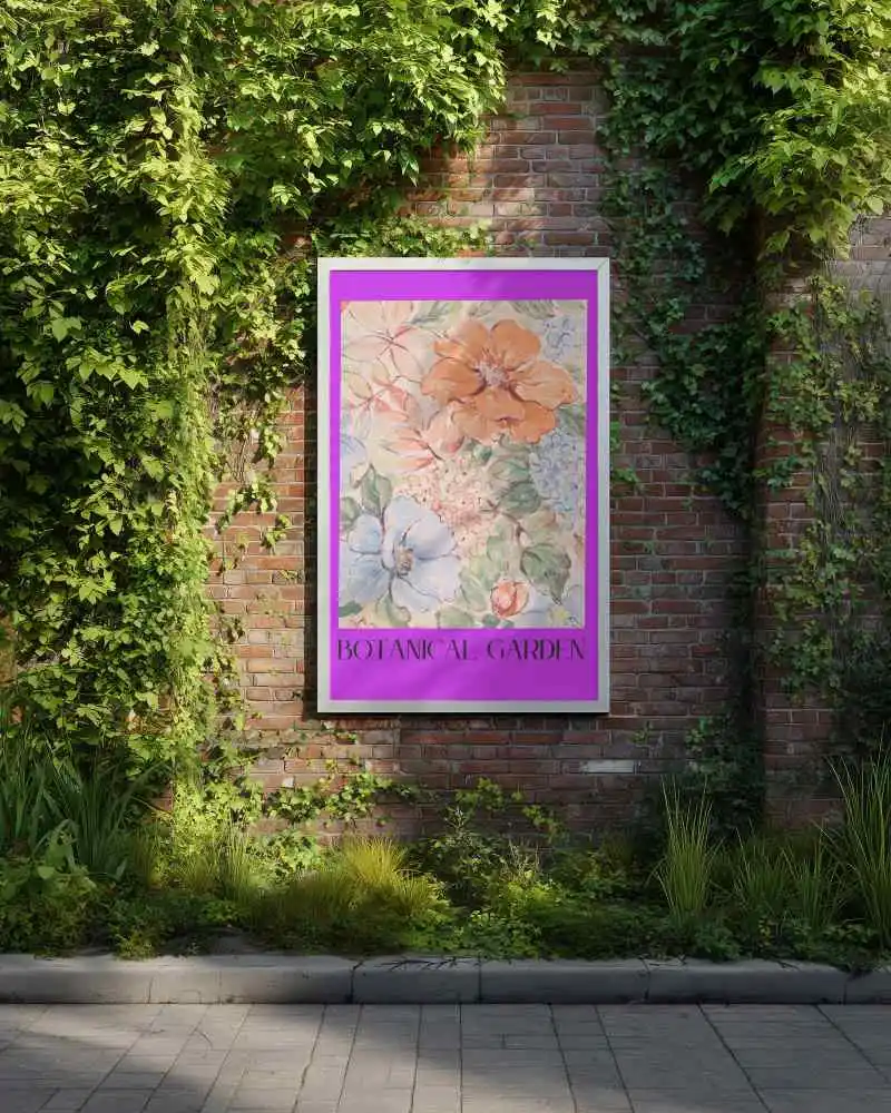 Realistic Street Poster Mockup With Brick Background And Vertical Garden Elements Around Frame