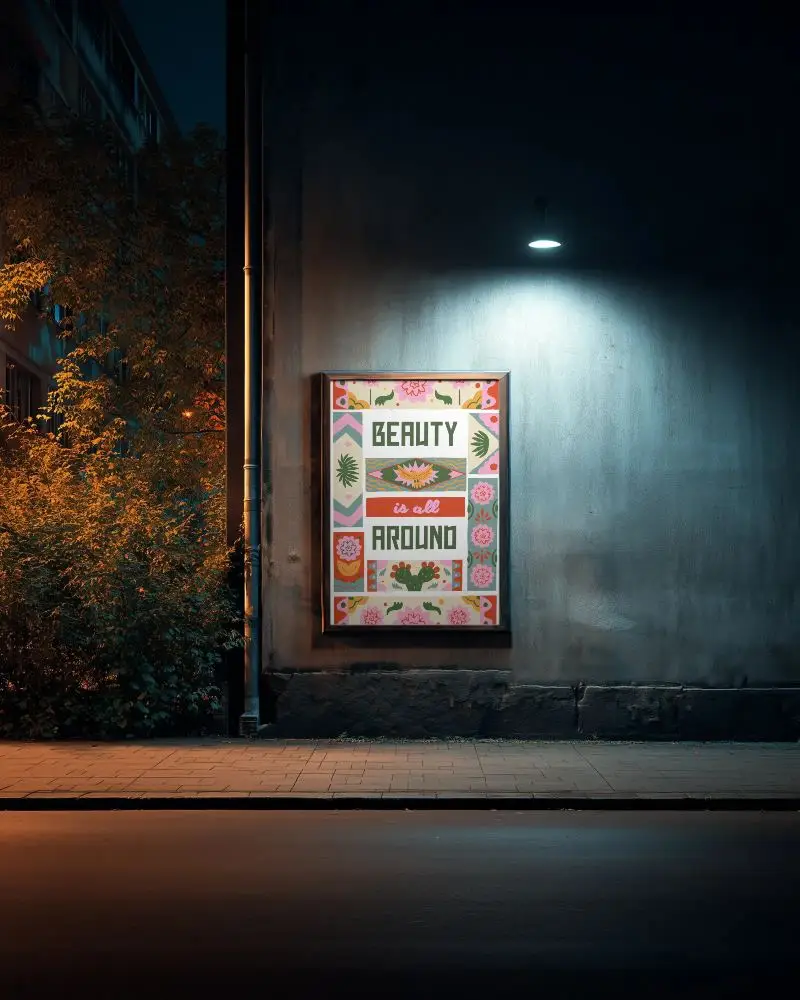 Street Wall Mounted Blank Poster Mockup Nighttime Urban Environment Empty