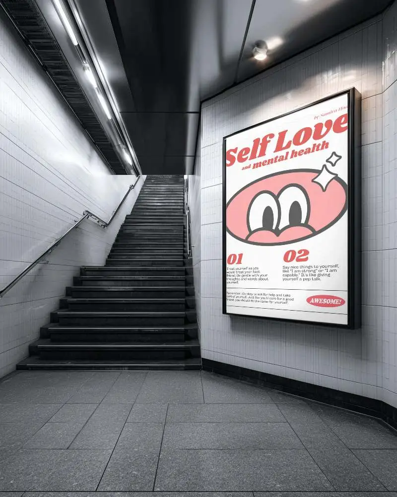 Modern Underground Stairwell With Large Clean Poster Frame Mockup In Wall
