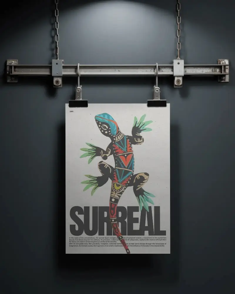 Industrial Style Poster Mockup Hanging With Metal Clips And Chain Display On Dark Wall